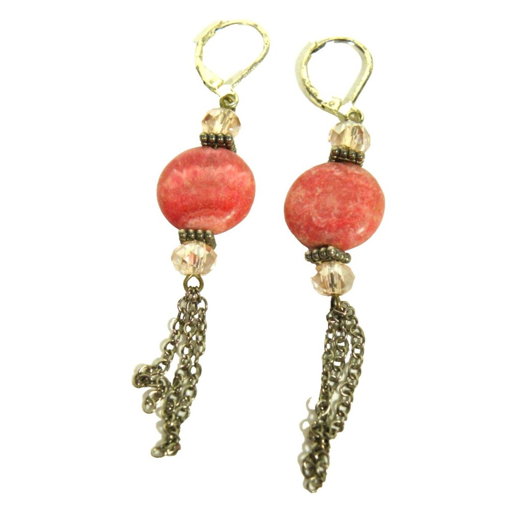 Boho Tassel Earrings Silver Tone Pierced Pink Stone Beaded